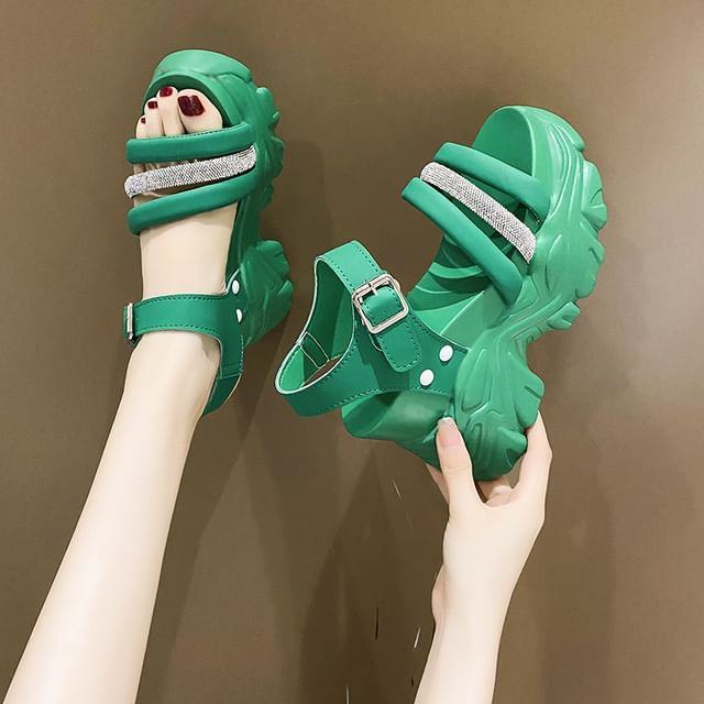Chunky Strappy Heel Rhinestone Platform Sandals