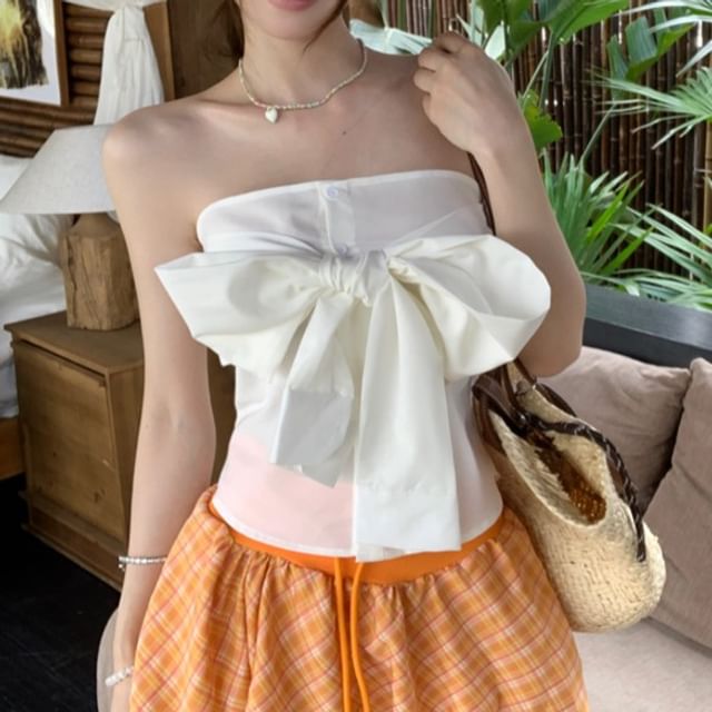 Drawstring Waist Skirt A-Line Bow / Top Balloon Tube Mini Plain Plaid