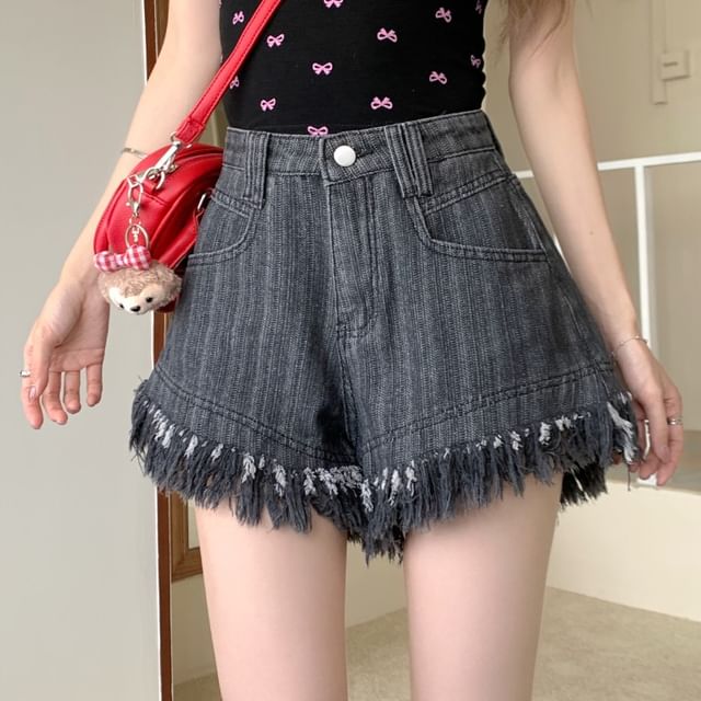 Shorts High Fringe Washed Denim Waist
