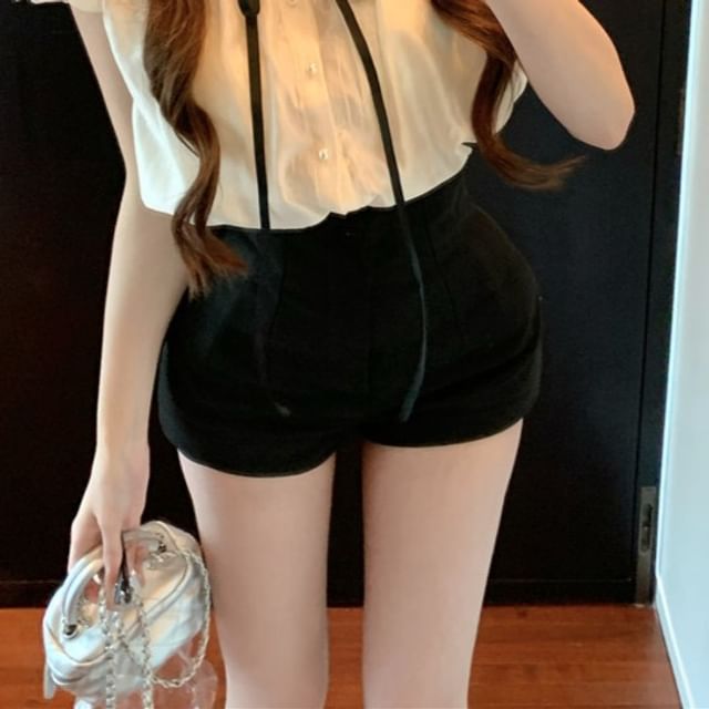 Sleeve Collar Plain Bow Cap / Waist Shorts High Blouse Stand Frill