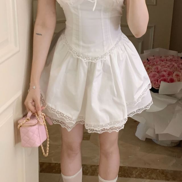 Sleeve Blouse Lace Ruffle Mini A-Line Skirt / Waist Plain Neck Square Cap Trim Bow High