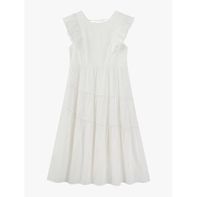 Tiered Ruffle Midi Round Cap-Sleeve Plain Dress A-Line Neck Trim