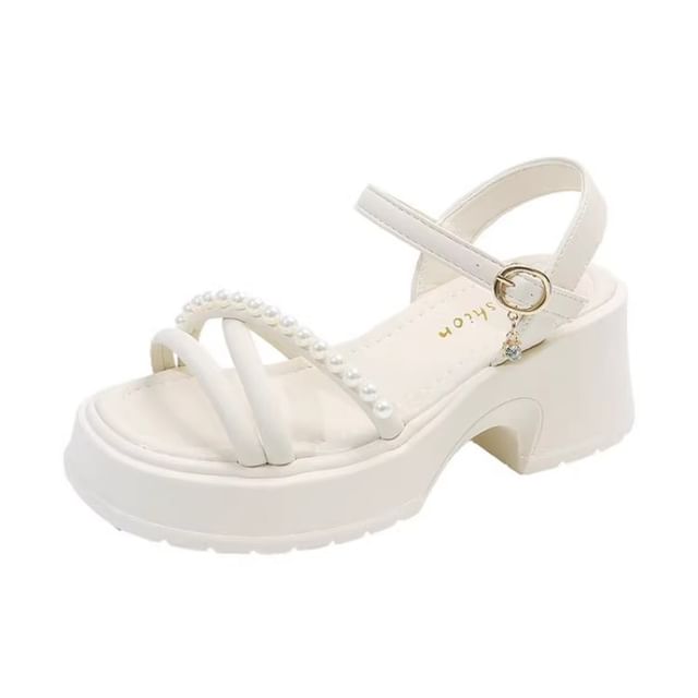 Platform Sandals Block Pearl Heel Faux