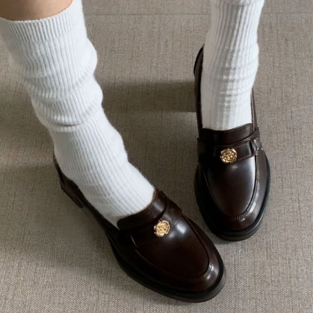 Chunky Leather Loafers Heel Faux