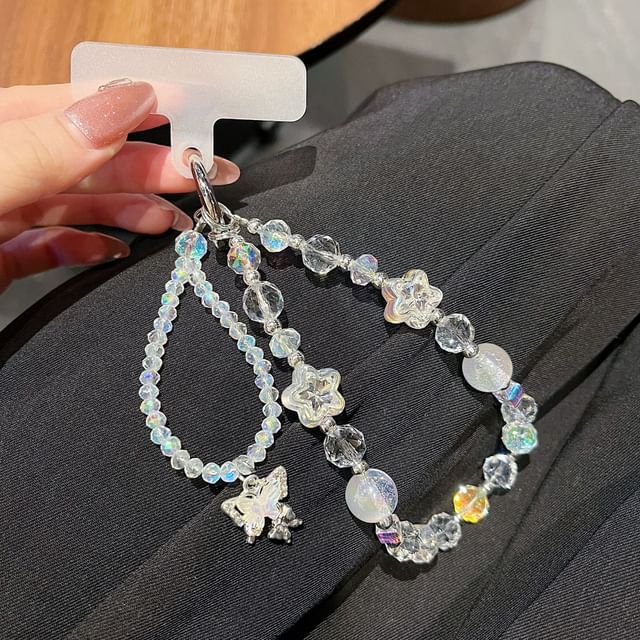 Butterfly Pad with Wrist Phone Faux Crystal Lanyard Strap Beaded