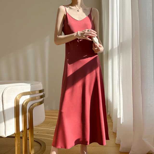 Dress Satin Midi Spaghetti Strap Plain V-Neck A-Line