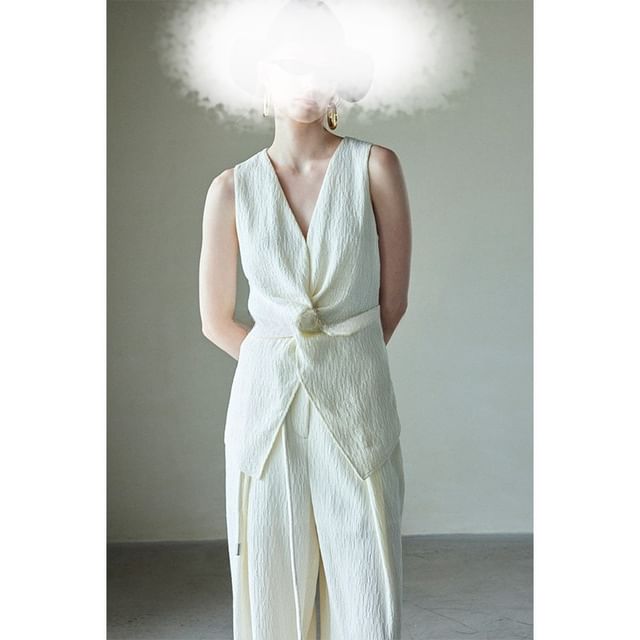 V-Neck Rise High Tank Plain Leg Knot Wide Top Pants Slit /