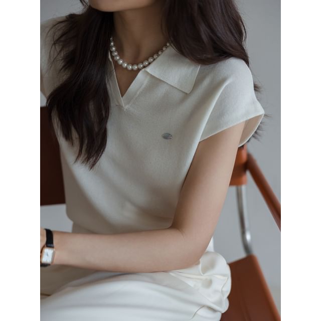 V-Neck Cap-Sleeve Top Crop Collared Knit Plain