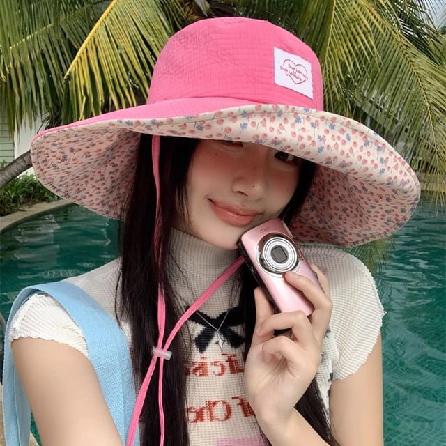 Print Applique Heart Floral Sun Hat