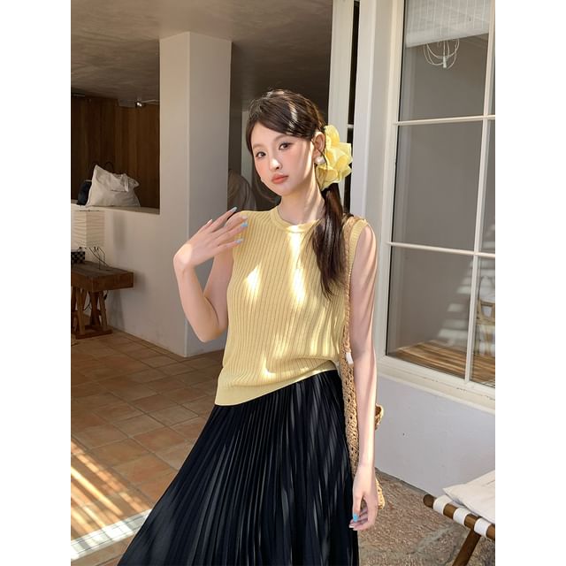 Crew Top Knit Sleeveless Plain Neck Ribbed