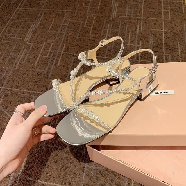 Sandals Strappy Heel Chunky Rhinestone