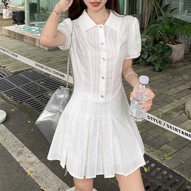 Short-Sleeve Mini Plain Dress Pleated Shirt