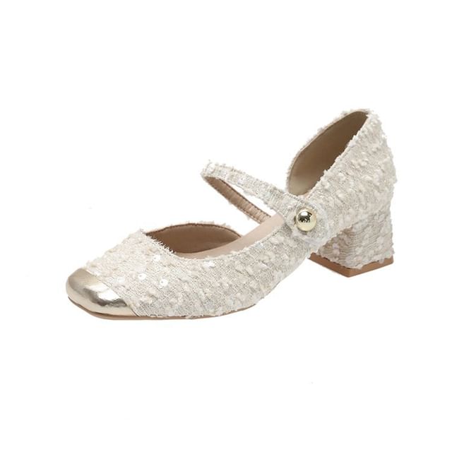 Pumps Heel Block Sequin Jane Toe Mary Square Tweed