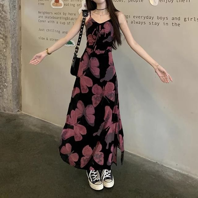 Spaghetti A-Line Print V-Neck Dress (Various Designs) Floral Strap