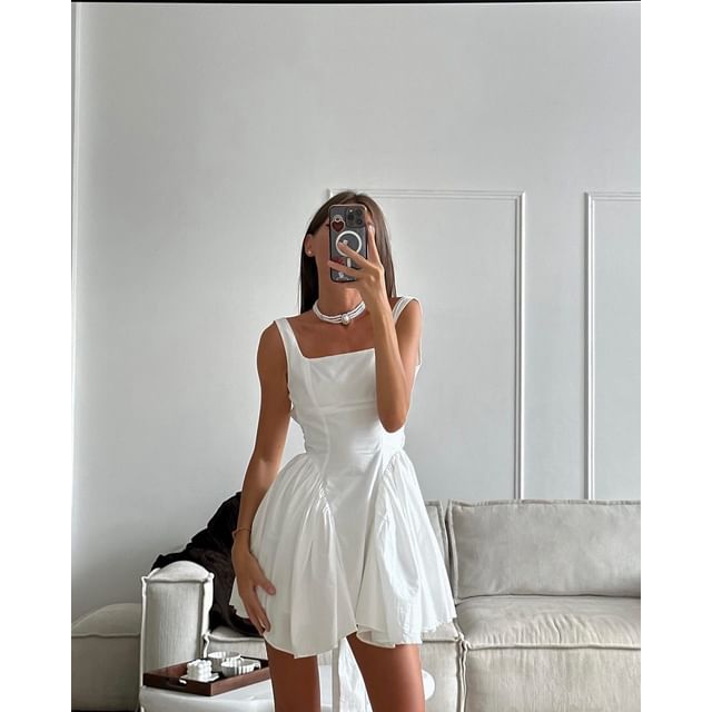 Tie Dress Square Back Waist Plain Neck Mini Open A-Line Sleeveless