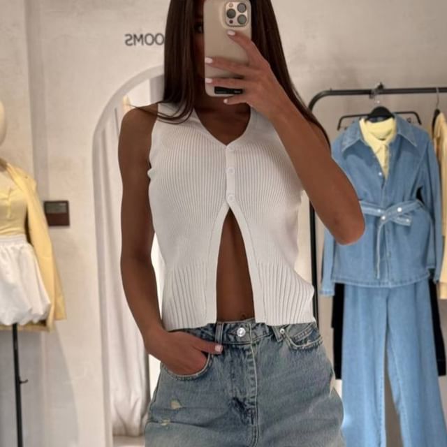 Sweater Plain Slit Crop Button-Up Vest V-Neck