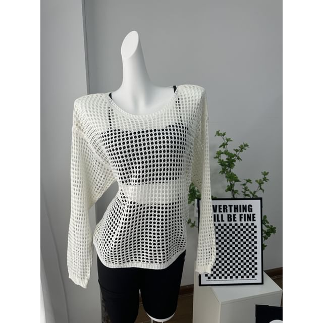Neck Knit Top Round Perforated Long-Sleeve Plain