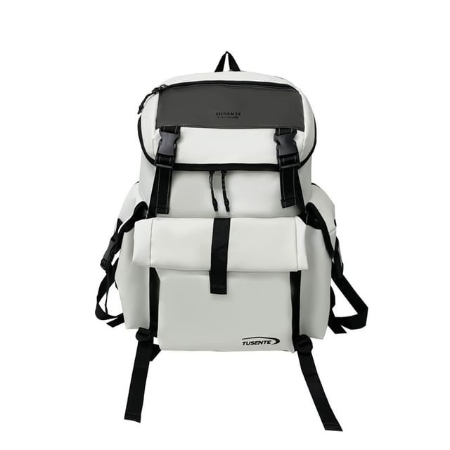 Backpack Lettering Faux Leather Buckled