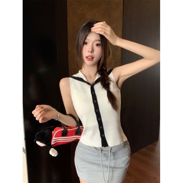 Sleeveless Knit Collar Sailor Button-Up Top