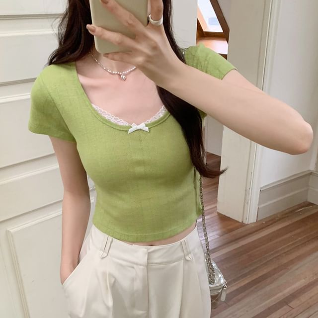 Neck Trim Sleeve Crop Short Lace Top Scoop