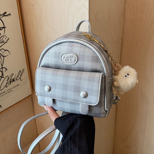 Faux Plaid Backpack Flap Leather