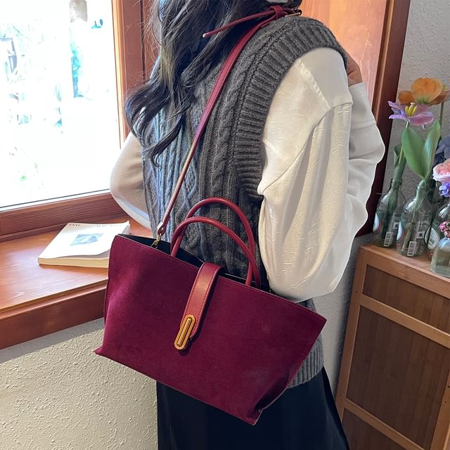 Handle Top Plain With Faux Crossbody Pouch Bag Suede