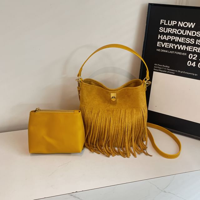 Crossbody Fringe Faux Plain With Suede Pouch Bag