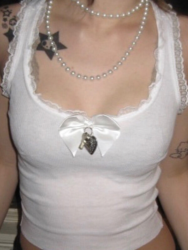 White Heart Bow Lace Top