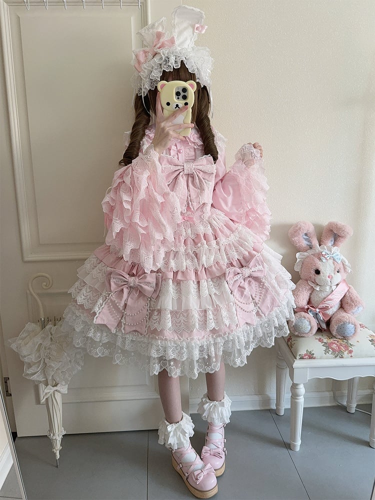 Bead Lolita Chain Decoration Bows Pink Tiered Big Dress Hanayome Skirt