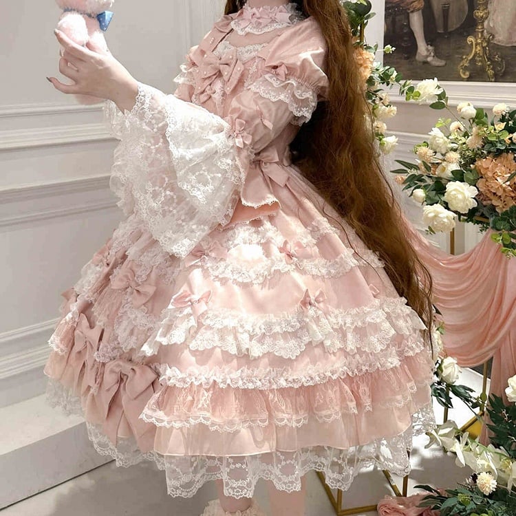 with Princess Pink Detachable High Dress Bow Accents Lolita Waist Sleeves Sweet