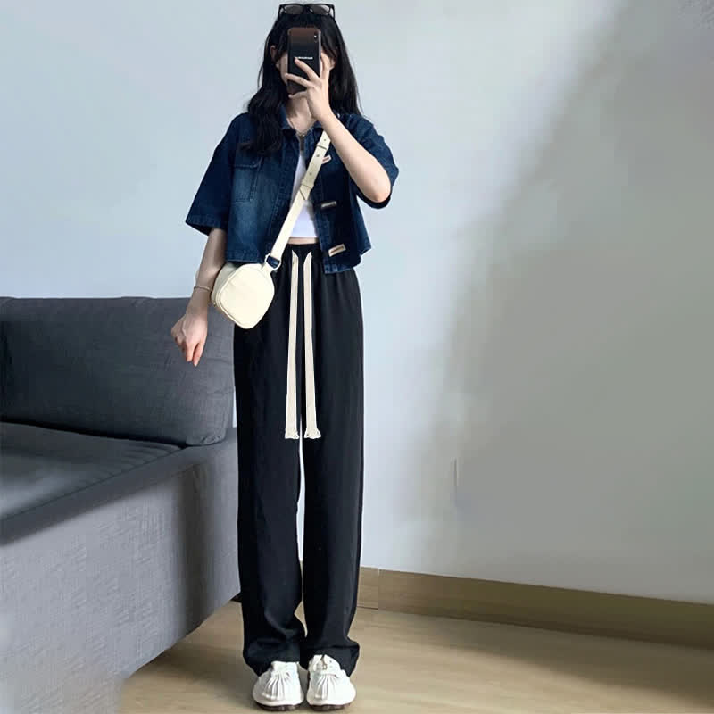 Set aus T-Shirt und Hose aus Denim mit Revers und Kordelzug