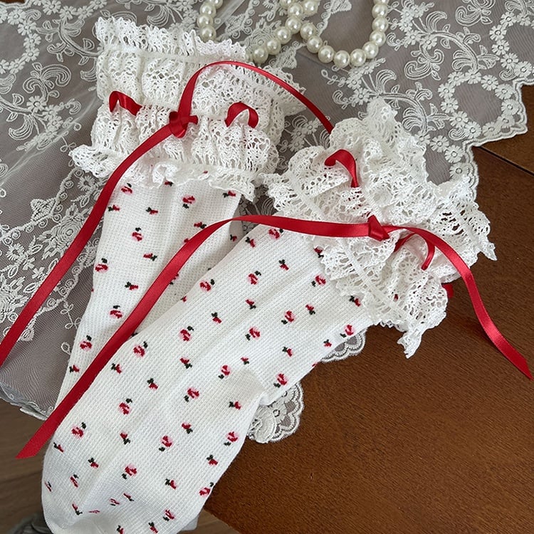 Pattern Black/White Bowknot Trim Calf Floral Lace Details Socks