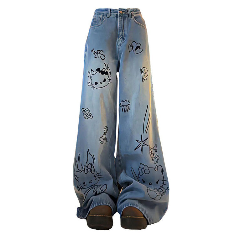 Blaue Jeans mit Katzen-Print