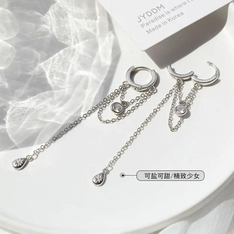925 Sterling Silver Chain Dangle Huggies CG119 - 1 Pair /