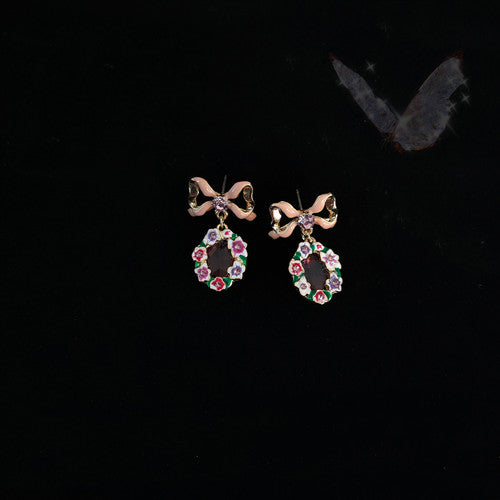 Pink Bow Gemstone Necklace Earrings - Pink Pink