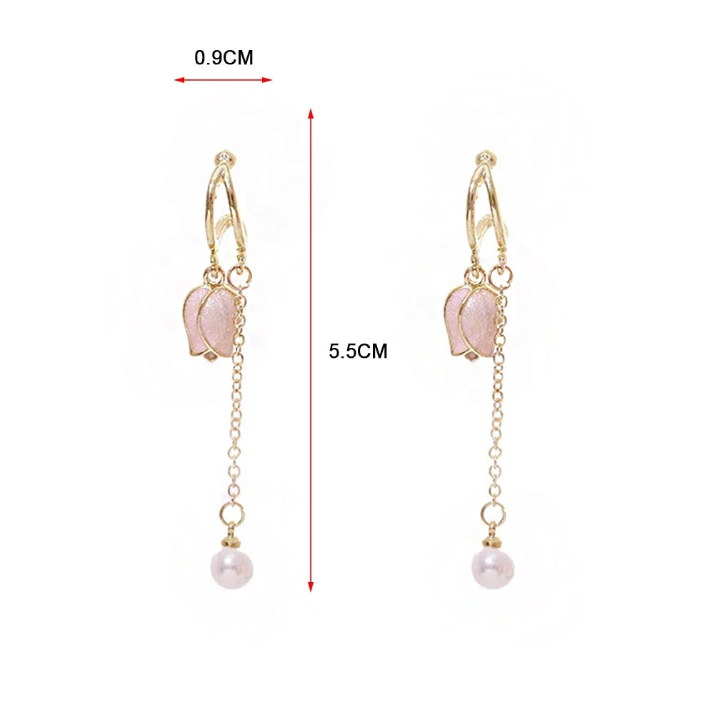 Pink tulip fringe long pearl earrings MK18474 Wonderland Case