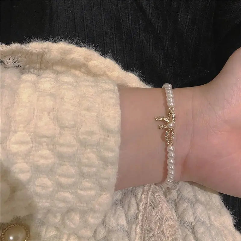 Bow Alloy Faux Pearl Bracelet-1