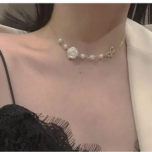 Faux Pearl Floral Bow Necklace-1