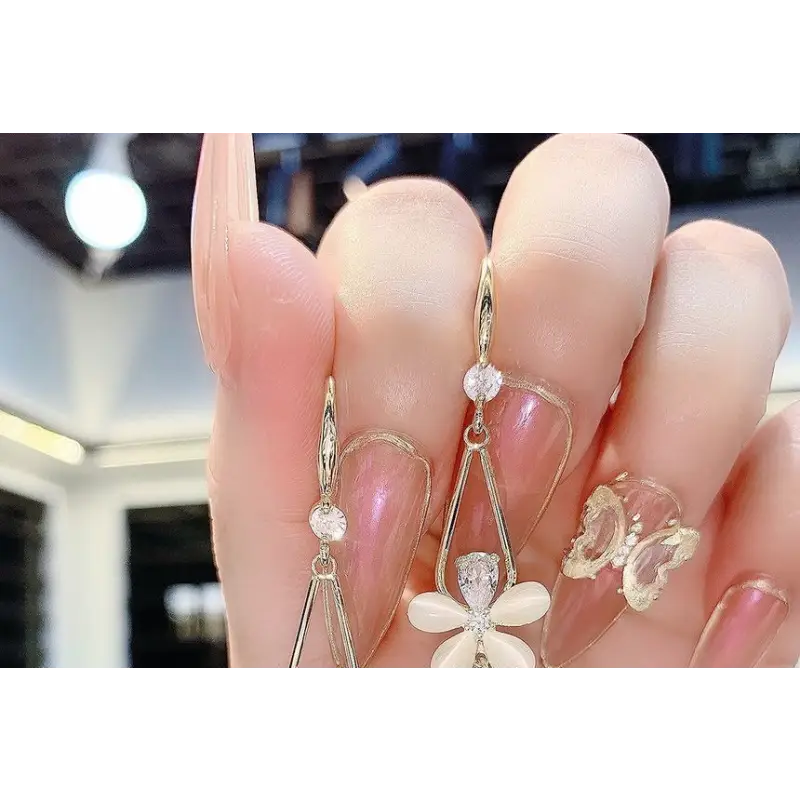 Flower Faux Cat Eye Stone Rhinestone Alloy Dangle Earring-1