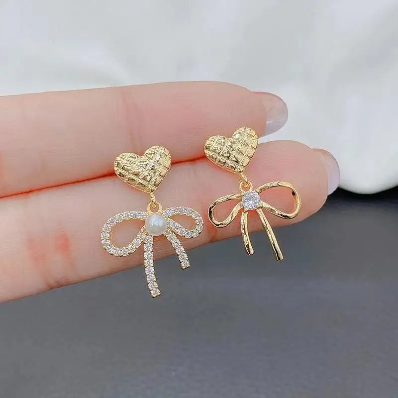 Heart Bow Faux Pearl Alloy Dangle Earring-1