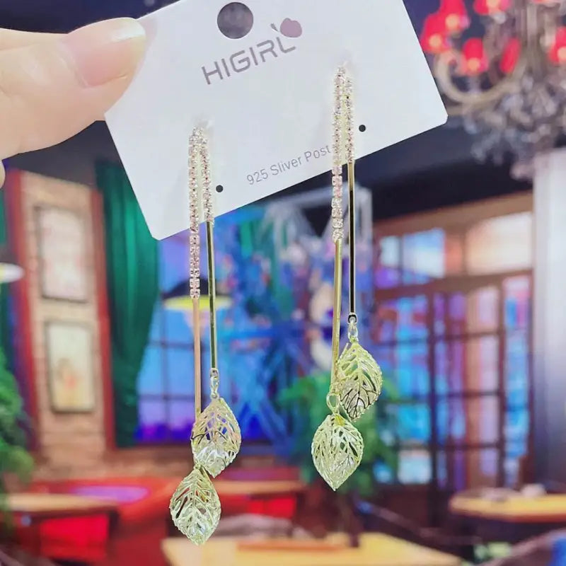 Leaf Rhinestone Alloy Dangle Earring-1