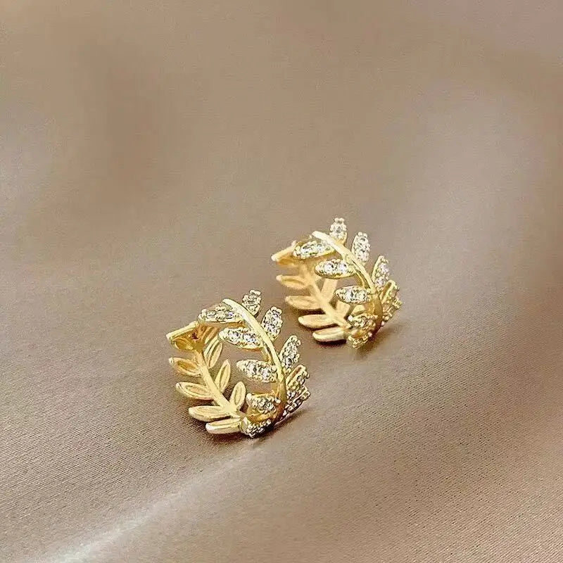 Leaf Rhinestone Alloy Earring-1