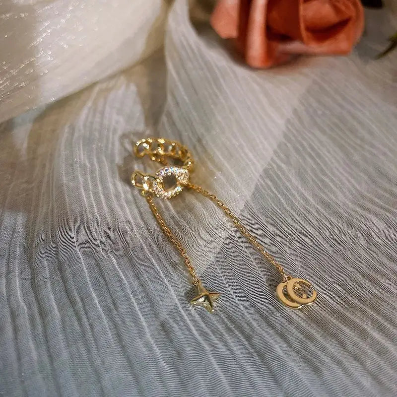 Moon & Star Alloy Fringed Cuff Earring-1