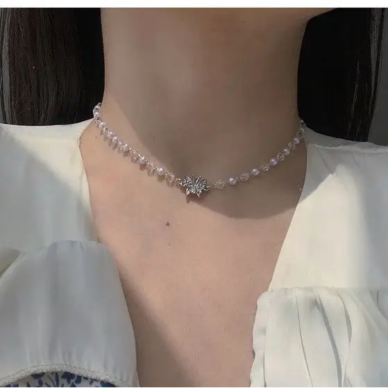 Rhinestone Butterfly Pendant Faux Pearl Necklace-1