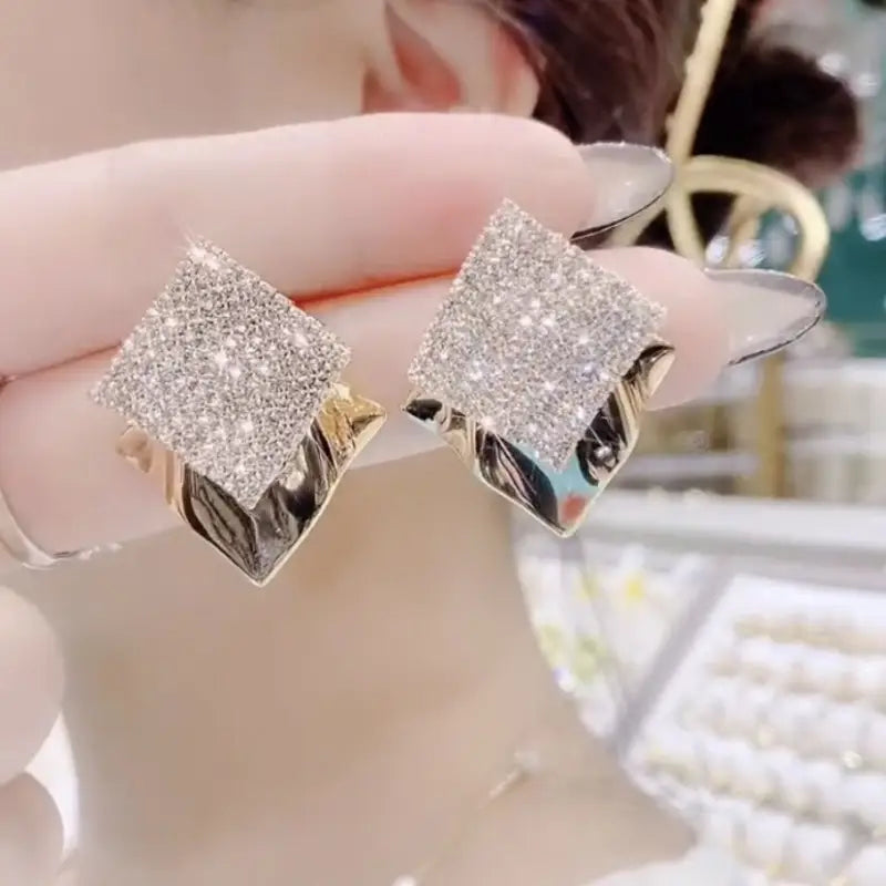 Square Rhinestone Alloy Earring-1