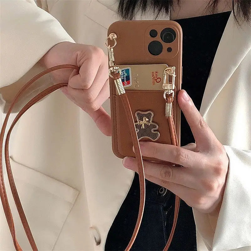 Bear Card Holder Neck Strap Phone Case - Samsung-20