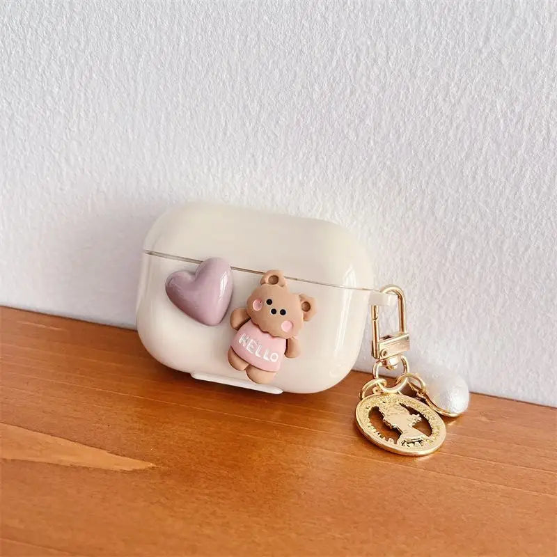 Beige Heart Bear AirPods Earphone Case Skin-3