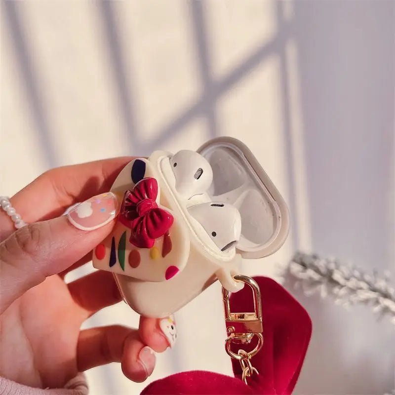 Beige Heart Velvet Bow AirPods Earphone Case Skin-3
