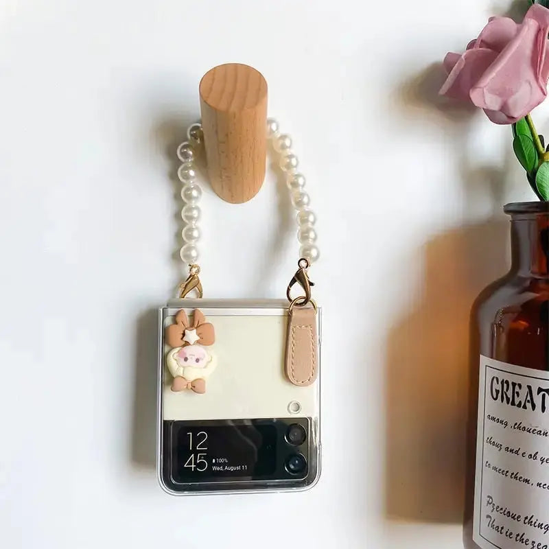 Beige Pearl Chain Case For Samsung Galaxy Z Flip Phone Case