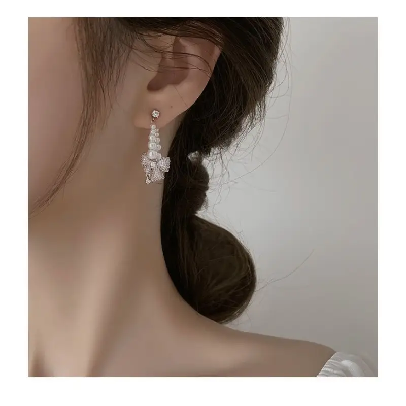 Bow Faux Pearl Alloy Dangle Earring WD205 - Silver & Pink /